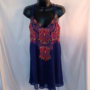 Sequin Hearts Navy Flowy Dress, lined, pink & orange & yellow